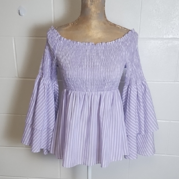 L'AGENCE Lavendar & White Striped Blouse Flowy Festival Boho Cool Top - Picture 1 of 11